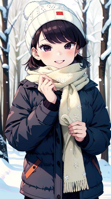 00099-194078492-pixel-Komi-Shuuko, 1girl, solo, busty, winter jacket, snowy forest, beanie, scarf, masterpiece, best quality.png